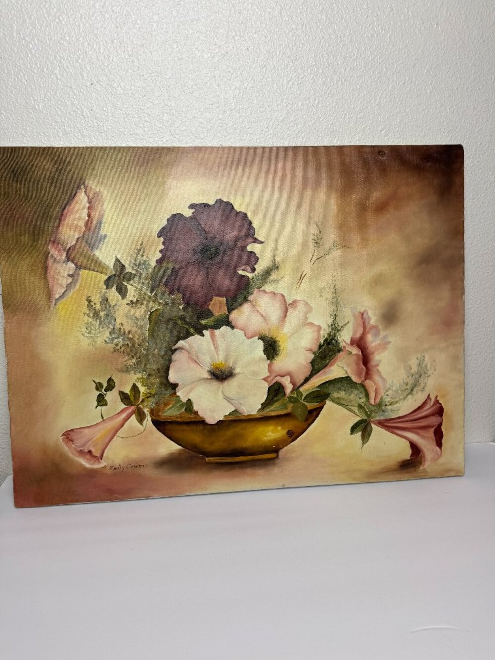 Vintage Original Oil Painting Signed Emily Gowens 24x18 Floral Still Life